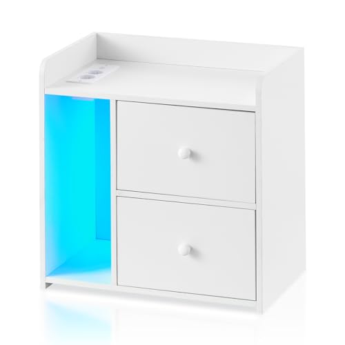 TUKAILAI Nachttisch mit Ladefunktion, Nightstand Weiß mit LED Sockel, Holz Beistelltisch mit 2 Schublade Lagerung, Nachtschrank für Schlafzimmer Modern Kommode Hochglanz 48 * 30 * 50 cm von TUKAILAI
