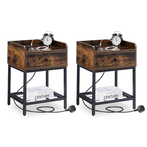 TUKAILAI Nachttisch 2er Set mit Ladefunktion, Nachtschrank mit 2 Schublade, Nachtkasten modern für Wohnzimmer und Schlafzimmer, Beistelltisch Braun 40 x 35 x 57.5 cm von TUKAILAI