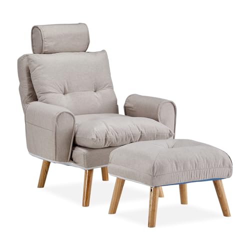 TUKAILAI Relaxsessel mit Liegefunktion aus Leinen, Sessel mit Hocker, Fernsehsessel mit Kopfstütze,Holzbeinen, Verstellbar Ohrensessel, Lesesessel bequem für Wohnzimmer Schlafzimmer Lounge, Creme von TUKAILAI