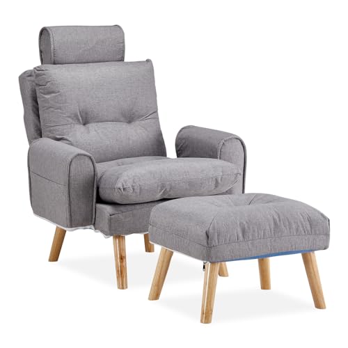 TUKAILAI Relaxsessel mit Liegefunktion aus Leinen, Sessel mit Hocker, Fernsehsessel mit Kopfstütze,Holzbeinen, Verstellbar Ohrensessel, Lesesessel bequem für Wohnzimmer Schlafzimmer Lounge, Grau TUKAILAI Relaxsessel mit Liegefunktion aus Leinen, Sessel mit Hocker, Fernsehsessel mit Kopfstütze,Holzbeinen, Verstellbar Ohrensessel, Lesesessel bequem für Wohnzimmer Schlafzimmer Lounge, Grau von TUKAILAI