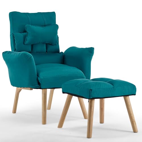 TUKAILAI Relaxsessel mit liegefunktion,Fernsehsessel,Polstersessel aus Baumwolle und Leinen,Sessel mit schlaffunktion,ohrensessel mit hocker,verstellbar Einzelliegesessel Wohnzimmer Heimkino,Blau von TUKAILAI