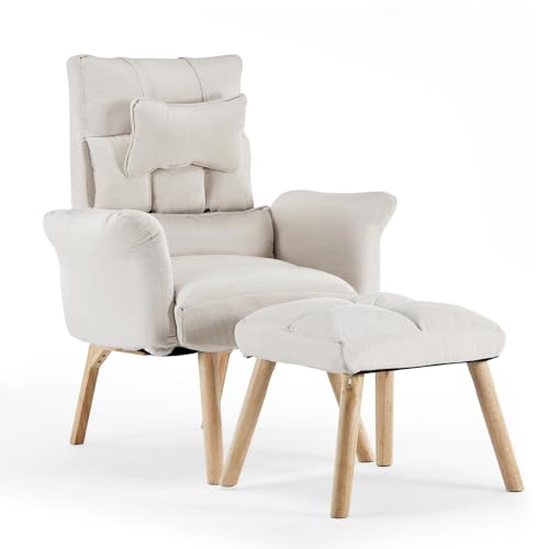 TUKAILAI Relaxsessel mit liegefunktion,Fernsehsessel,Polstersessel aus Baumwolle und Leinen,Sessel mit schlaffunktion,ohrensessel mit hocker,verstellbar Einzelliegesessel Wohnzimmer Heimkino,Creme von TUKAILAI
