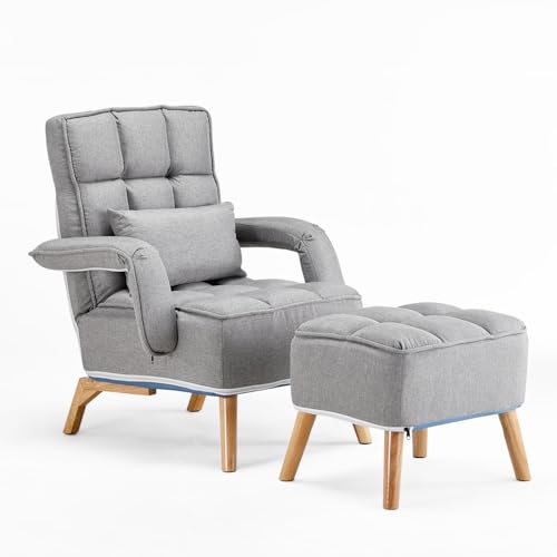 TUKAILAI Relaxsessel mit liegefunktion,Ohrensessel mit hocker,Leinenstoff Sessel Wohnzimmer,relaxsessel mit schlaffunktion,fernsehsessel,Seitentaschen,Holzbeinen,loungesessel,Grau von TUKAILAI