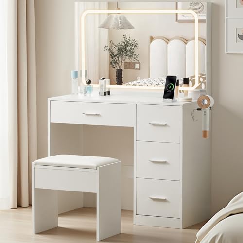 TUKAILAI Schminktisch mit Beleuchtung, Schminktisch mit Spiegel und Hocker und Beleuchtung, Kosmetiktisch mit 4 Schubladen, Frisiertisch mit Steckdose 90x40 cm von TUKAILAI