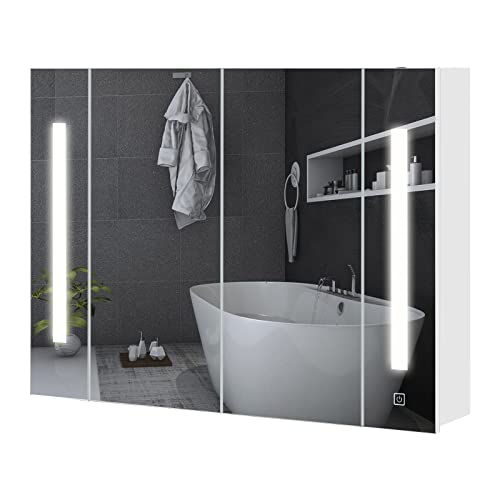 TUKAILAI Spiegelschrank mit LED Beleuchtung Beleuchtet und Touchschalter, Wandmontage Badezimmerschrank mit 2 Spielgeltüren Wandschrank für Bad Badezimmerspiegel mit Lichtern von TUKAILAI