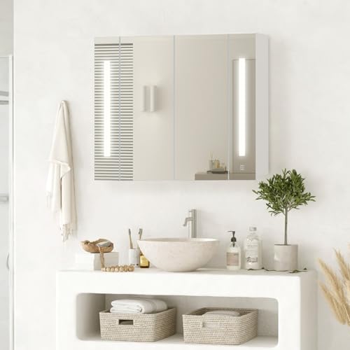 Spiegelschrank Bad mit Beleuchtung Spiegelschrank Bad 80 cm breit Badezimmerschrank mit LED und Steckdose Zwei Türen und DREI Regale Spiegelschränke fürs Bad Mirror Cabinet 80x15x60 cm von TUKAILAI