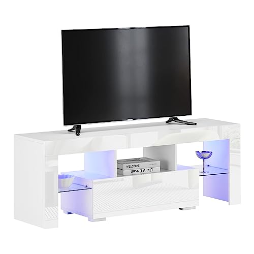 TUKAILAI TV-Schrank Weiss,Hochglanz-Weiß tv lowboard mit LED-Beleuchtung, tv Board mit Schubladen, fernsehschrank mit Glasrahmen, griffloses Design tv möbel,Fernseher Tisch modern, 130 x 35 x 45 cm von TUKAILAI