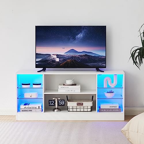 TUKAILAI TV Schrank mit LED, Lowboard für Fernseher bis zu 55 Zoll,Fernsehtisch mit 8 offenen Fächern,Fernbedienung Beleuchtung,Modern tv Cabinet,weiß,130 * 35 * 57 cm von TUKAILAI