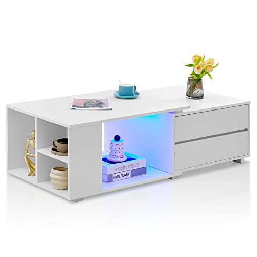 TUKAILAI Weißer Ausziehbarer Couchtisch mit LED-Lichtern, Couchtisch mit Stauraum, 4 Schubladen, großes Aufbewahrungsregal Holzsofa, Moderner Holztisch, Wohnzimmer Kaffeetisch von TUKAILAI