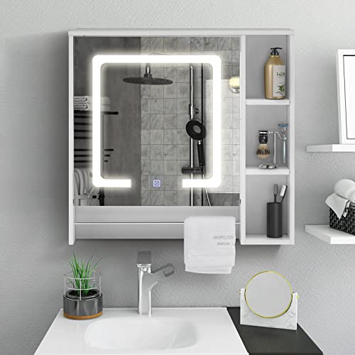Beleuchteter Badezimmer-Spiegelschrank mit LED & Lichtsensor & Handtuchhalter & 3 offene Lagerung, Wandmontierter Aufbewahrungsschrank, 1-türiger Wandschrank mit verstellbaren Regalen von TUKAILAI