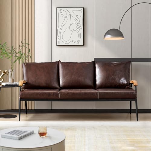 TUKAILAi Sofa 3-Sitzer Kunstleder Weiches Loungesofa mit massiver Holzarmlehne und Metallrahmen Couches für Wohnzimmer Empfang Büromöbel Dunkelbraun von TUKAILAI