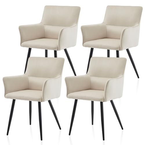 TUKAILAI Freizeit Esszimmerstühle Creme 4er-Set, Samt Polsterstuhl Wohnzimmer-Sessel, Küchenstuhl mit Armlehnen, Polstersitz, Rückenlehne, Metallbeine Akzentstuhl Empfang, Esszimmer Küche 4 Stück von TUKAILAI