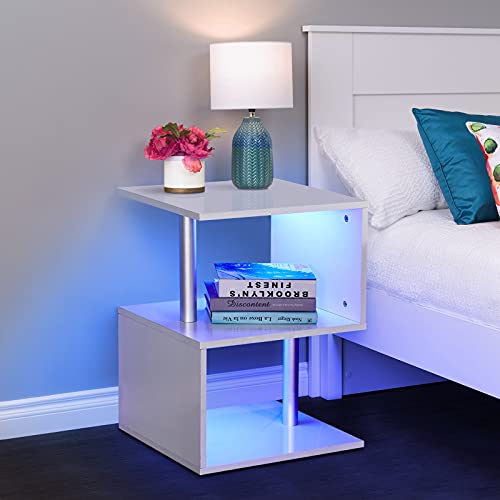 TUKAILAi Kleiner Couchtisch mit LED RGB Lichtern Hochglanz Nachttisch Beistelltisch Nachttisch Simplistic Einzigartige S-Form Wohnzimmer Schlafzimmer Möbel Weiß von TUKAILAI