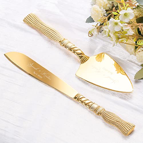 Cake Cutting Set for Wedding, Personalized Gold Cake Knife and Server Set, Custom Cake Serving Set, Engraved Pastry Pie Server Cake Pizza Cutter, Christmas Birthday Bridal Gift (Tassel) von TUKDAK