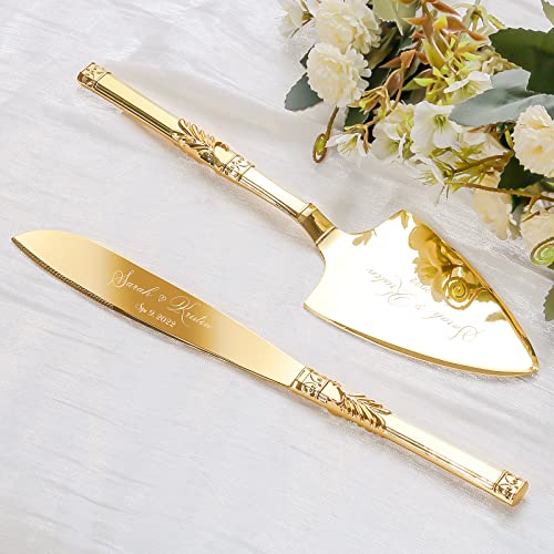TUKDAK Cake Cutting Set for Wedding, Personalized Gold Cake Knife and Server Set, Custom Cake Serving Set, Engraved Pastry Pie Server Cake Pizza Cutter, Christmas Birthday Bridal Gift (Classic) von TUKDAK