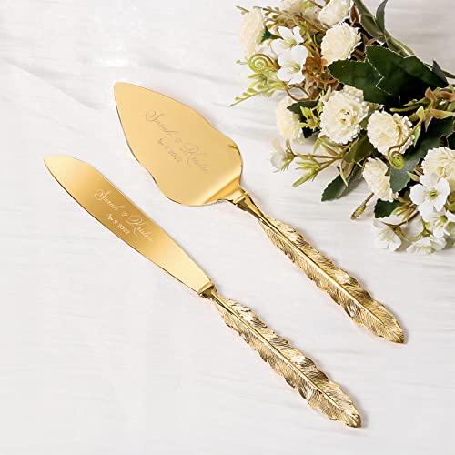 TUKDAK Cake Cutting Set for Wedding, Personalized Gold Cake Knife and Server Set, Custom Cake Serving Set, Engraved Pastry Pie Server Cake Pizza Cutter, Christmas Birthday Bridal Gift (Feather) von TUKDAK