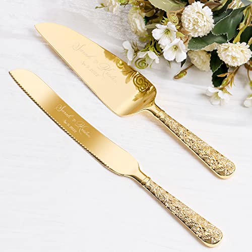 TUKDAK Cake Cutting Set for Wedding, Personalized Gold Cake Knife and Server Set, Custom Cake Serving Set, Engraved Pastry Pie Server Cake Pizza Cutter, Christmas Birthday Bridal Gift (Flower) von TUKDAK