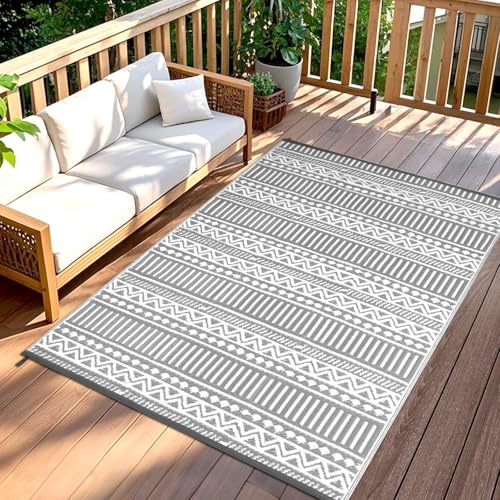 TUKDAK Grau Outdoor Teppich Wetterfest 120x180cm, Wendbarer Outdoorteppich Matte Kunststoff Teppich, Wasserdichter Außenteppich, UV-beständige Camping Matte für Balkon Terrasse Garten RV Picknick von TUKDAK