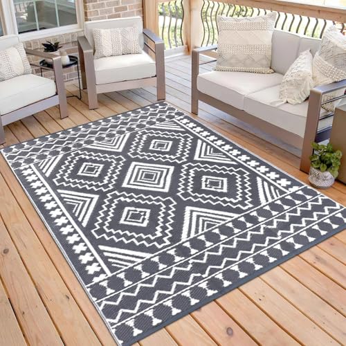 TUKDAK Grau Outdoor Teppich Wetterfest 120x180cm, Wendbarer Outdoorteppich Matte Kunststoff Teppich, Wasserdichter Außenteppich, UV-beständige Camping Matte für Balkon Terrasse Garten RV Picknick von TUKDAK