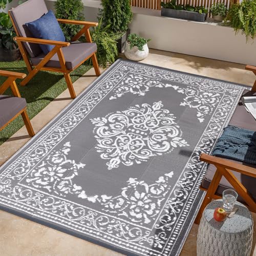 TUKDAK Grau Outdoor Teppich Wetterfest 120x180cm, Wendbarer Outdoorteppich Matte Kunststoff Teppich, Wasserdichter Außenteppich, UV-beständige Camping Matte für Balkon Terrasse Garten RV Picknick von TUKDAK