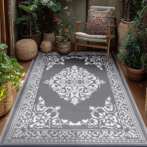 TUKDAK Grau Outdoor Teppich Wetterfest 150x245cm, Wendbarer Outdoorteppich Matte Kunststoff Teppich, Wasserdichter Außenteppich, UV-beständige Camping Matte für Balkon Terrasse Garten RV Picknick von TUKDAK