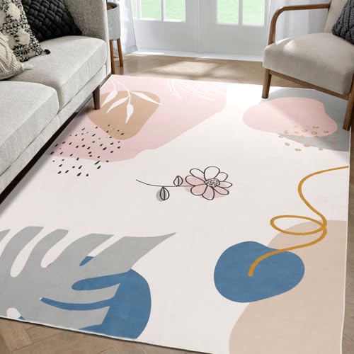 TUKDAK Kuscheliger Kurzflor Teppich, Moderne Teppich Wohnzimmer Waschbarer, Groß rutschfest Boho Weiche Teppichen, Grün Pflanze Teppich für Schlafzimmer Kinderzimmer Esszimmer (Rosa, 150x210cm) von TUKDAK