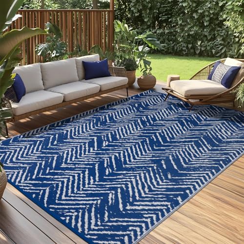 TUKDAK Outdoor Teppich Wetterfest 150×245cm, Blau Reversible Teppich für den Innen und Außen, UV-Resistant Carpet für Hinterhof, Leichtgewicht Recycelter Kunststoff Terrasse Matte für RV Balkon von TUKDAK