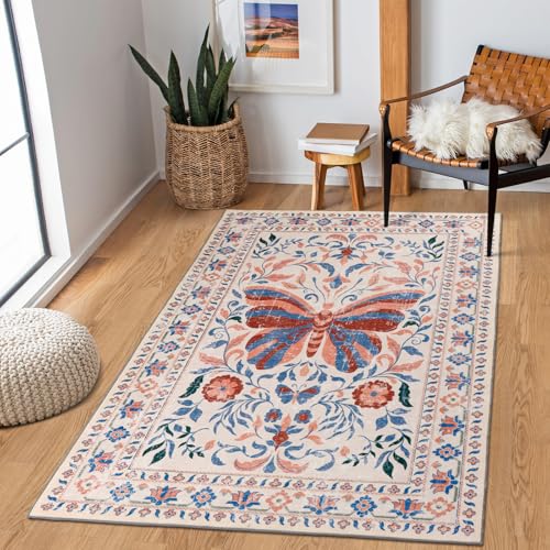 TUKDAK Schmetterling Teppich Wohnzimmer 120x180cm, Moderner Kurzflor Teppich Schlafzimmer, Waschbar Anti-Rutsch Teppiche Teppichen für Kinderzimmer, Orientalischer Teppiche, Frühling Sommer von TUKDAK