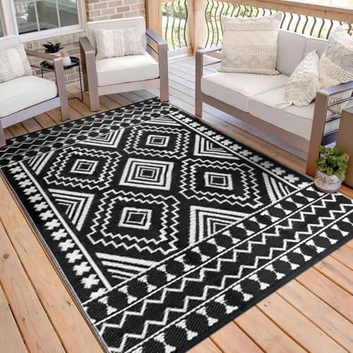 TUKDAK Schwarz Outdoor Teppich Wetterfest 150x245cm, Wendbarer Outdoorteppich Matte Kunststoff Teppich, Wasserdichter Außenteppich, UV-beständige Camping Matte für Balkon Terrasse Garten RV Picknick von TUKDAK