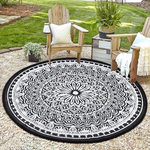 TUKDAK Schwarz Rund Outdoor Teppich Wetterfest 150cm, Wendbarer Outdoorteppich Matte Kunststoff Teppich, Wasserdichter Außenteppich, UV-beständige Camping Matte für Balkon Terrasse Garten RV Picknick von TUKDAK