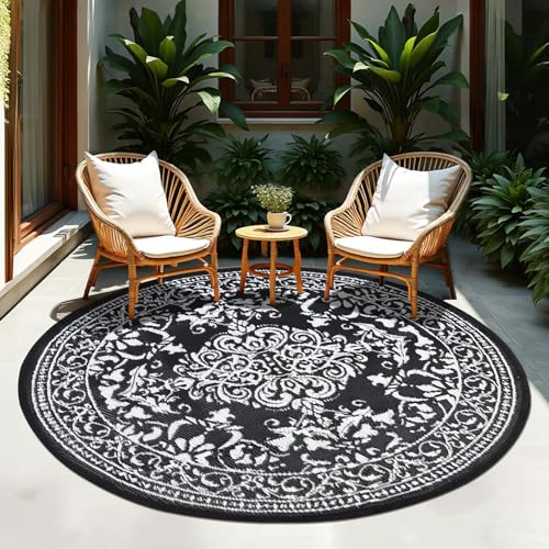 TUKDAK Schwarz Rund Outdoor Teppich Wetterfest 180cm, Wendbarer Outdoorteppich Matte Kunststoff Teppich, Wasserdichter Außenteppich, UV-beständige Camping Matte für Balkon Terrasse Garten RV Picknick von TUKDAK