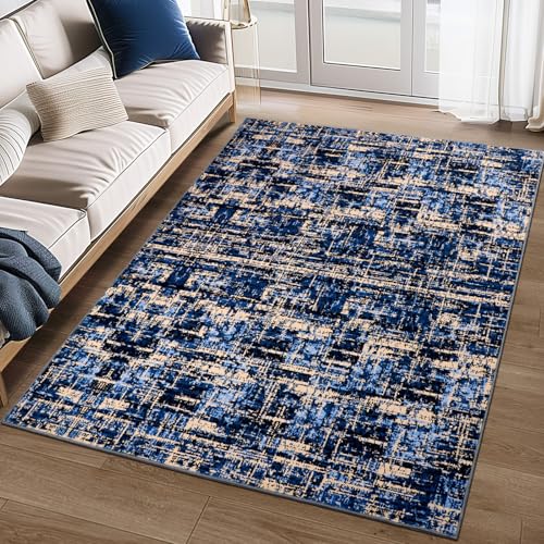 TUKDAK Waschbar Teppich Wohnzimmer 120×180cm, Blau Abstrakt Weicher Schlafzimmer Teppich Anti-Rutsch, Moderner Kurzflor Esszimmer Kunstwolle Matte fürs Kinderzimmer Küche Esszimmer von TUKDAK