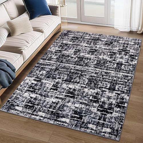 TUKDAK Waschbar Teppich Wohnzimmer 120×180cm, Schwarze Abstrakt Weicher Schlafzimmer Teppich Anti-Rutsch, Moderner Kurzflor Esszimmer Kunstwolle Matte fürs Kinderzimmer Küche Esszimmer von TUKDAK