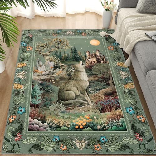 TUKDAK Wölfin Teppich Wohnzimmer rutschfest 120x180cm,Grün Waschbar Teppich Schlafzimmer,Boho Tiere Kurzflor Bettvorleger Teppiche Gegend,Fantasy Dschungel Teppichen Kinderzimmer Büro Esszimmer von TUKDAK