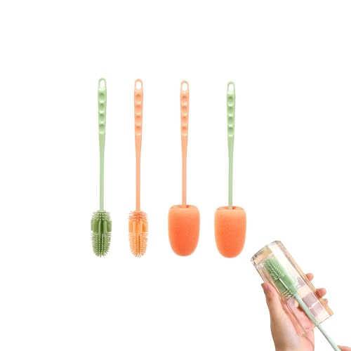 TUKEVA 4 Pcs Flaschenbürste Silikon Bottle Brush Becher Flaschen reinigungsbürste mit langem Griff Für SpüLen Von Flaschen, Teekannen Thermoskannen Mit Schmaler öFfnung Sportflasche (Bohnengrün+Rosa) von TUKEVA