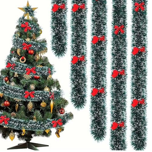 TUKEVA 5 Meter Weihnachten Lametta Girlande Mit 36 Stück Schleifen Weihnachtsbaum Dekoration Weihnachtsbaum Dekoration Girlande für Weihnachtsbaum Kranz Hochzeit Party,Indoor Outdoor (Weißer Rand) von TUKEVA
