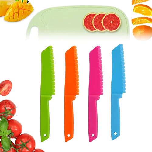 TUKNN Kinder Küchenmesser, Kindermesser, Kinder Schneidemesser, Kinder Messer, Kinder Kochmesser, mit Gezackten Schneidekanten Kindersichere Messer für Obst Gemüse Kuchen,4 Stück von TUKNN