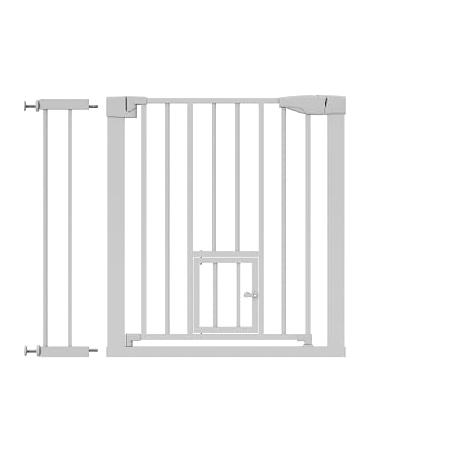 TULANO Guardian 2.0 | Schutzgitter für Kinder & Haustiere Hundegitter | Mit Tierklappe | Breite 75-96 cm | Automatische Schließfunktion | Ohne Bohren | EN 1930:2011 | Weiß von TULANO