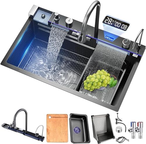 TULAZOU Küchenspüle, T304 Edelstahlspüle, multifunktionale Küchenspüle, Wasserfall-Spüle, Einbauspüle mit multifunktionalem digitalen Wasserhahn und verschiedenen Zubehörteilen (80X45CM) von TULAZOU