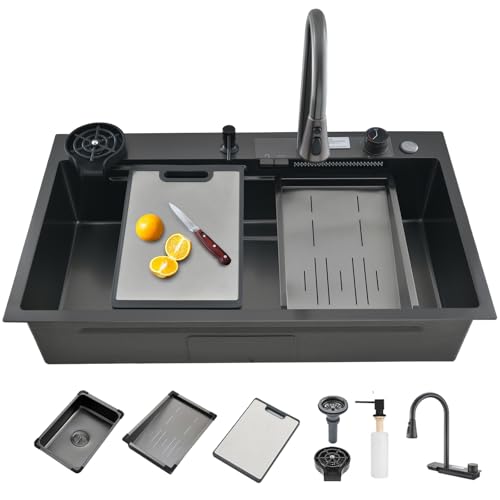 TULAZOU Küchenspüle 68x46cm Edelstahlspüle Multifunktionale Wasserfall Küchenspüle Einbauspüle Küchenspülen-Workstation mit Multifunktionalem Wasserhahn und Verschiedenen Zubehörteilen (68x46CM) von TULAZOU