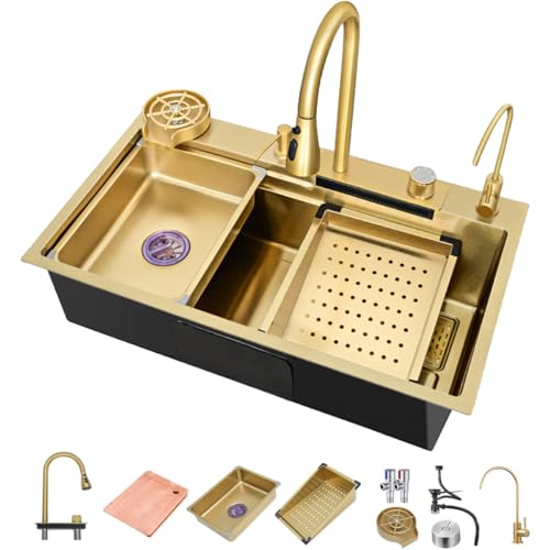 TULAZOU Wasserfall Küchenspüle, Gold 304 Küchenspüle Edelstahl, multifunktionale Küchenspüle, spülbecken mit ausziehbarem Wasserhahn und anderem Zubehör (68x45cm) von TULAZOU