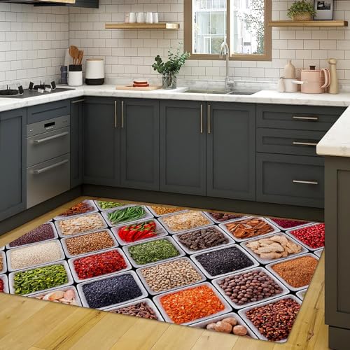 TuLdys Spicy Art Küchenmatten für Boden, 91,4 x 121,9 cm, Küchenteppiche für Boden, rutschfeste Küchenmatte, Kochgewürze, Küchenbodenmatte für Zuhause, Küche, Dekoration, mit 4 Teppichgreifern von TULDYS