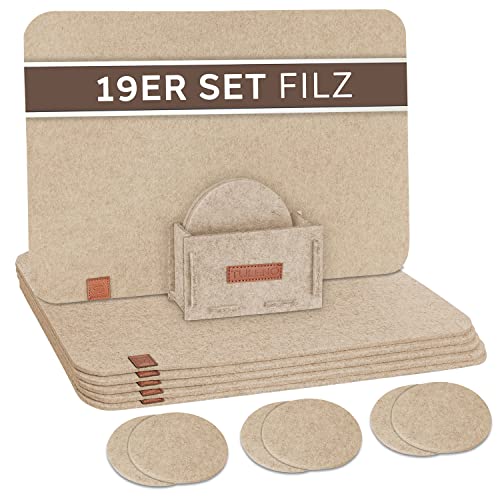 TULENO® Tischset Filz beige 19-teilig - Platzdeckchen abwaschbar inkl. Untersetzer - Platzsets abwaschbar als Tischuntersetzer & Tischunterlage Esstisch - Tischsets rutschfest - Platzset abwischbar von TULENO