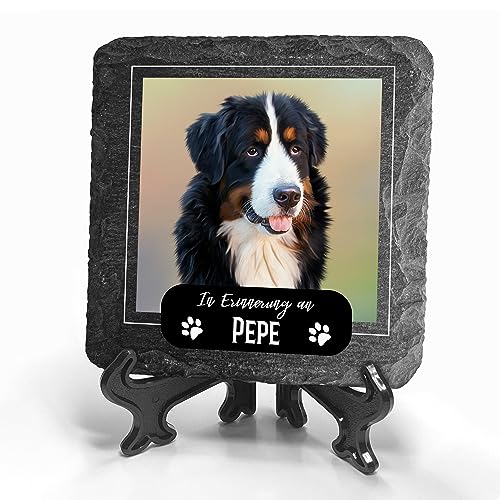 TULLUN Individueller Personalisiert Tiergrabstein Schiefer Gedenkstein + Ständer für Hund, Katze und andere Haustiere - Größe 10 x 10 cm - Bilderrahmen TULLUN Individueller Personalisiert Tiergrabstein Schiefer Gedenkstein + Ständer für Hund, Katze und andere Haustiere - Größe 10 x 10 cm - Bilderrahmen von TULLUN