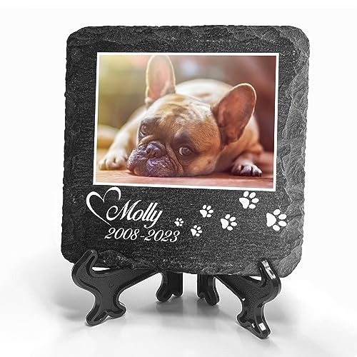 TULLUN Individueller Personalisiert Tiergrabstein Schiefer Gedenkstein + Ständer für Hund, Katze und andere Haustiere - Größe 10 x 10 cm - Foto und Pfotenabdruck TULLUN Individueller Personalisiert Tiergrabstein Schiefer Gedenkstein + Ständer für Hund, Katze und andere Haustiere - Größe 10 x 10 cm - Foto und Pfotenabdruck von TULLUN