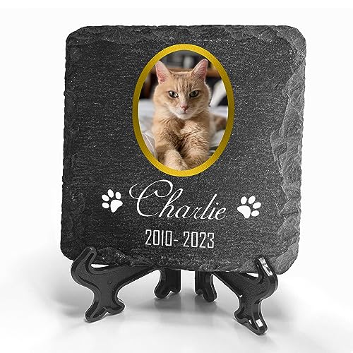 TULLUN Individueller Personalisiert Tiergrabstein Schiefer Gedenkstein + Ständer für Hund, Katze und andere Haustiere - Größe 10 x 10 cm - Goldrahmenfoto TULLUN Individueller Personalisiert Tiergrabstein Schiefer Gedenkstein + Ständer für Hund, Katze und andere Haustiere - Größe 10 x 10 cm - Goldrahmenfoto von TULLUN