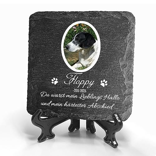 TULLUN Individueller Personalisiert Tiergrabstein Schiefer Gedenkstein + Ständer für Hund, Katze und andere Haustiere - Größe 10 x 10 cm - Weißer Rahmen Foto TULLUN Individueller Personalisiert Tiergrabstein Schiefer Gedenkstein + Ständer für Hund, Katze und andere Haustiere - Größe 10 x 10 cm - Weißer Rahmen Foto von TULLUN