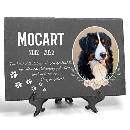 TULLUN Individueller Personalisiert Tiergrabstein Schiefer Gedenkstein + Ständer für Hund, Katze und andere Haustiere - Größe 20 x 30 cm - Blumenrahmen Foto TULLUN Individueller Personalisiert Tiergrabstein Schiefer Gedenkstein + Ständer für Hund, Katze und andere Haustiere - Größe 20 x 30 cm - Blumenrahmen Foto von TULLUN