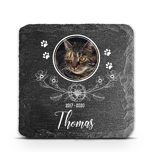 TULLUN Individueller Personalisiert Tiergrabstein Schiefer Gedenkstein für Hund, Katze und andere Haustiere - Größe 10 x 10 cm - Blumen von TULLUN