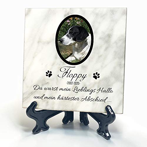 TULLUN Individueller Personalisierter Weißer Natur Marmor Gedenkstein + Ständer für Hunde, Katze und andere Haustiere - Größe 10 x 10 cm - Foto und Name von TULLUN